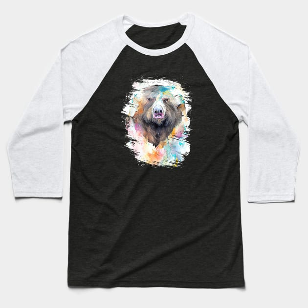 Bear Grizzly Wild Animal Nature Watercolor Art Painting Baseball T-Shirt by Cubebox